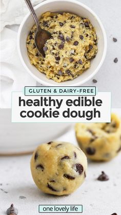 healthy edible cookie dough in a white bowl with chocolate chips on the side and text overlay that reads gluten & dairy - free healthy edible cookie dough