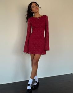 Sevila Long Sleeve Mini Dress in Deep Red Lace Short Red Dress With Sleeves, Mini Flared Dress, Flare Long Sleeve Dress, Long Sleeve Dress Graduation, Flared Sleeves Dress, White Lace Mini Dress Long Sleeve, Flared Long Sleeve Dress, Red Hoco Dress Long Sleeve, Deep Red Clothes