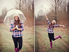 two pictures of a woman jumping in the air with an umbrella and rain boots on