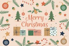 merry christmas greeting card with presents and ornaments on pink background, flat layed out