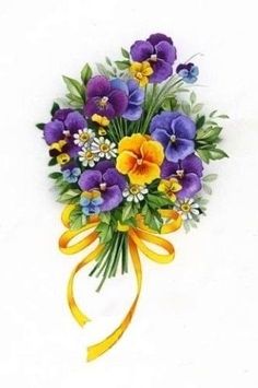 a bouquet of flowers with yellow ribbon and blue pansies on white background, watercolor painting