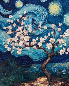 a painting of a tree with white flowers in the foreground and a night sky background