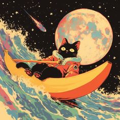 a black cat sitting on top of a yellow boat in the middle of a wave