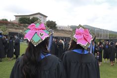 Big pink bows. Mortarboard decorations. CSUSM graduation cap decor. | California State University San Marcos Commencement 2013 Graduation Cap Decor, Graduation Things, California State University, The Cheetah, Class Of 2016, Cap Ideas