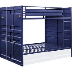 the bunk bed is blue and has drawers underneath it