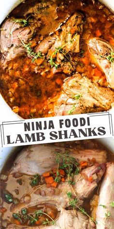 two bowls filled with different types of food and the words ninja food lamb shanks