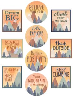 six stickers with words on them that say, i can't go to the mountains