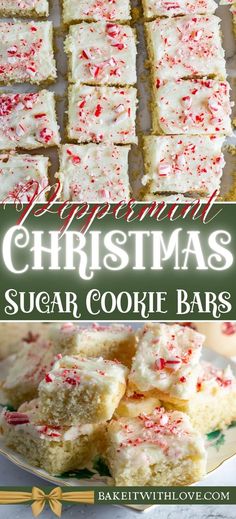 christmas sugar cookie bars with white frosting and red sprinkles on top