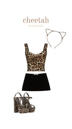 a woman's outfit with leopard print on the top and black high heeled shoes