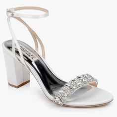 Badgley Mischka Block Heel In Satin White Size 9. Purchased For Wedding But Never Worn And Still In Original Packaging. Sparkle Wedding Shoes, Rhinestone Anklet, White Block Heels, White Sandals Heels, Badgley Mischka Shoes, Black Strappy Heels, Strap Sandals Women, Embellished Sandals, Pointed Heels