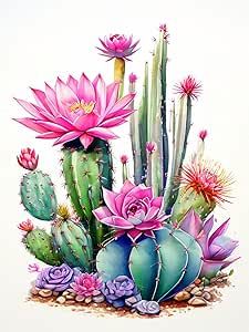 a painting of cactuses and succulents on a white background with pink flowers