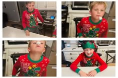 four pictures of a young boy wearing christmas pajamas and making funny faces while sitting at a kitchen table