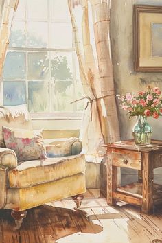 a watercolor painting of a living room with furniture and flowers in the window sill