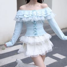 Vendor: Egirldoll Type: top Price: 46.99 Blue Pink Pastel Ruffles Top Blouse ON463 Y2k Fashion Blue, Gothic Harajuku Fashion, Pink Outfits Aesthetic, Oc Fashion, Kawaii Outfits, Ruffles Top, Egirl Aesthetic, Ruffle Top Blouses, Egirl Fashion