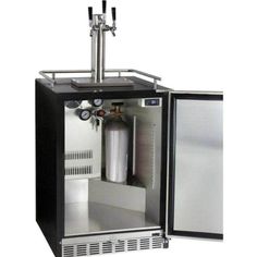 an open cabinet with a water heater inside