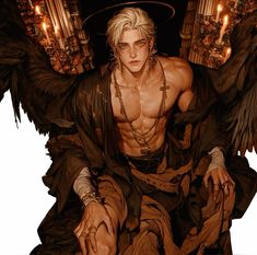 a man sitting on top of a chair with an angel wings around his neck and chest