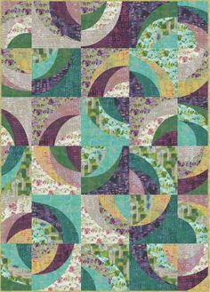 an abstract quilt design with circles and squares in blue, green, yellow and purple