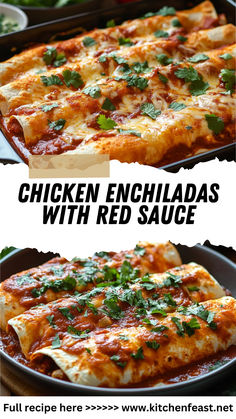 chicken enchiladas with red sauce in a pan