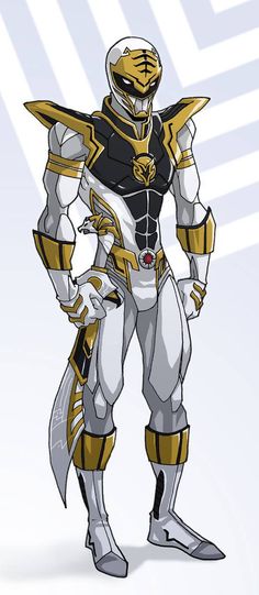 a drawing of a robot with yellow and white armor