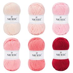 six skeins of red, pink, and white yarn in different colors on a white background