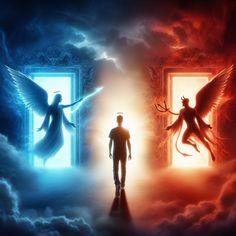 two people are standing in front of an open door with angels flying around the doorway