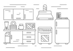 an outline of kitchen furniture and appliances