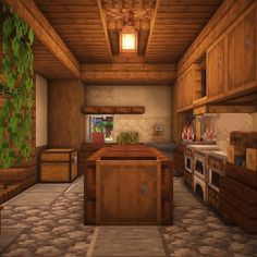 an image of a kitchen in the minecraft style with wooden cabinets and counter tops