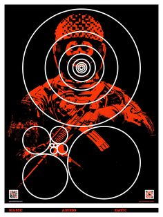 an orange and black poster with circles in the shape of a man's face