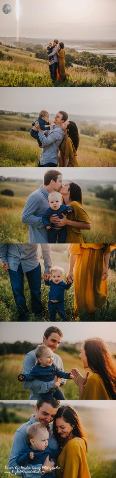 four different shots of people holding each other in their arms, with the sky and grass behind them