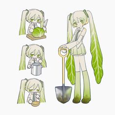 an anime character holding a shovel and some green leaves, while another person holds a watering can