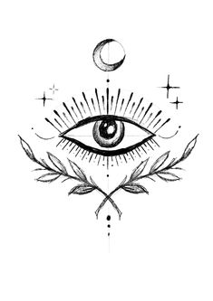 an all seeing eye tattoo design with leaves and stars on the bottom half of it