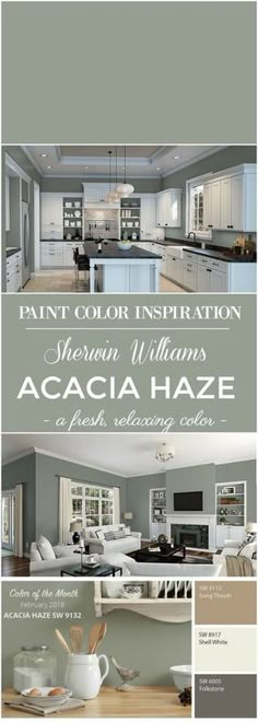 an advertisement for paint color inspiration featuring the kitchen and living room in shades of gray