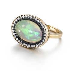 Material: 18k yellow gold, oxidized silver



Stone Type/Carat Weight: Ethiopian Opal 5.13 cts., Diamond 0.45 cts.



Dimensions: 11/16" L x 7/8" W Bezel Set Cabochon, Opal And Diamond Ring, Opal Diamond Ring, European Jewelry, Black Opal Ring, Pink Sapphire Ring, Sapphire Pendant, Emerald Earrings, Sapphire Necklace