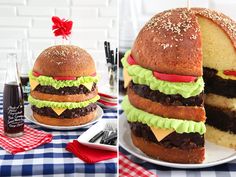 a giant hamburger cake is cut in half and ready to be eaten