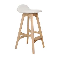 a wooden stool with white upholstered seat and backrest, on a white background