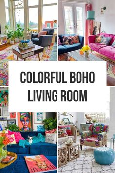 the colorful boho living room is filled with bright colors and furniture, including couches,