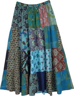 Bohemian and chic, this patchwork skirt truly stands out. With its assorted patchwork pieced together, mostly consisting of floral, animal prints, leaf prints, or virtually any kind of print - and then overdyed in blue, the skirt looks very unique. #tlb #Patchwork #XLPlus #Printed #bohemianfashion #Indian #BohemianPatchworkSkirt Blue Long Patchwork Skirt, Blue Cotton Patchwork Skirt, Blue Patchwork Long Skirt, Patchwork Skirts, Bridesmaids Outfits, Upcycled Skirt, Skirt Patchwork, Steampunk Skirt, Classy Skirts