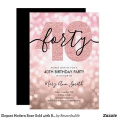 a pink birthday party card with the number forty on it and sparkles in the background