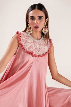 Pink sleeveless side cowl draped jumpsuit with phool thread embroidery on the yoke and tassel embellishments detailing. - Aza Fashions Festive Sleeveless Dress With Embroidered Neckline, Designer Sleeveless Dresses With Floral Embroidery, Designer Sleeveless Silk Dress, Designer Sleeveless Spring Dresses, Designer Floral Embroidery Draped Dress, Designer Dress With Cape Sleeves, Sleeveless Silk Dress With Resham Embroidery, Designer Sleeveless Dress With Ruffles, Draped Jumpsuit