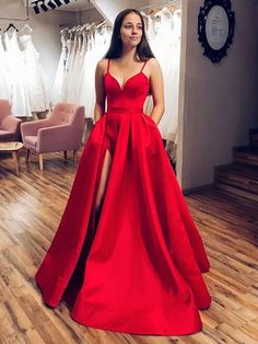 Simple Red Satin Long Prom Dresses with High Slit, Red Formal Graduation Evening Dresses Red Satin Prom Dress, Red Prom Dress Long, Red Evening Dress, Red Prom, Pageant Dress, Satin Prom Dress, Red Prom Dress, Red Satin, Party Gowns