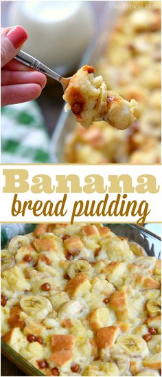 banana bread pudding in a casserole dish with text overlay that reads, bananas bread pudding