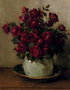 a painting of red roses in a white vase