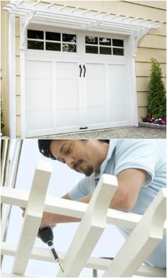 a man working on a white garage door