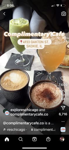 two drinks sitting on top of a table next to each other with the caption complimentity cafe