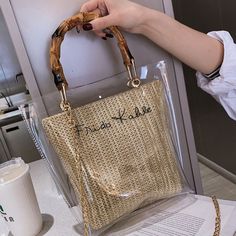 Bamboo Handle Straw Weave Handbag Women's Bags Fashion Letter Printed Clear Shoulder Bag Messenger Summer Handbags Tote Bag Women's Bags By Material, Bamboo Bag, Summer Handbags, Woven Handbags, Transparent Bag, Handbags Tote, Bamboo Handles, Women Bags Fashion, Clear Bags