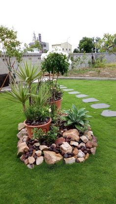 a garden with rocks and plants on the grass in front of a cityscape