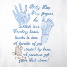 a white towel with blue handprints on it and a poem written in the middle