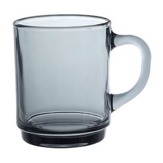 a clear glass mug is shown on a white background with black rims and handles