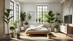 a bedroom with lots of plants in it