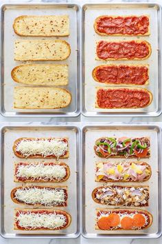 six pans filled with different types of food on top of each other, including bread